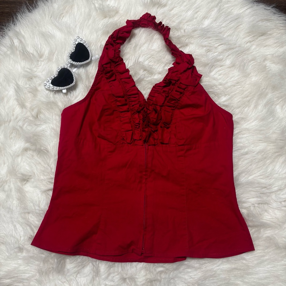 Moda International Y2K Pin-Up Vintage Red Ruffled Halter Zip Up Top size Medium